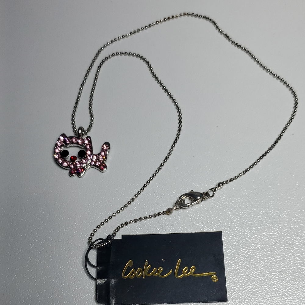 Cookie Lee Pink and Silver Cat Pendant Necklace